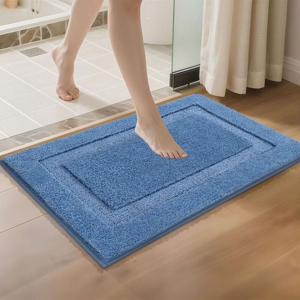 2pc Absorbent Washable Bath Mat & U-Shape Contour Bathroom Rug Set - Blue